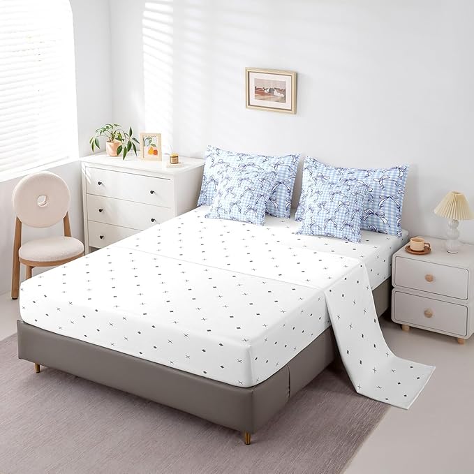 Feelyou Kawaii Bow Bedding Set for All Season Plaid Girls Bow 7 Pieces Comforter Sets Queen Size Teens Room Decor Cute Bowknot Bed in a Bag with Comforter, Sheets, Pillowcases & Cushion Cover