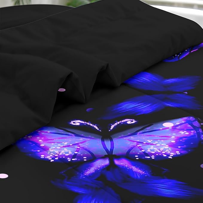 Comforter Set King Size, Purple Blue Galaxy 7 Pcs Bedding for Kids and Adults, Butterfly Flower Summer Bed Sheet Sets with Fitted Sheet 2 Pillowcases & 2 Shams for Bedroom Bed Decor