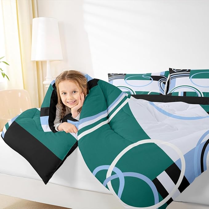 Modern Green Blue Full Comforter Set Circles Swirls Bedding Sets Room Decor Abstract Black White Square Duvet Insert Geometric Stripe Quilt Set Modern Creative Texture Art Down Comforter All Season