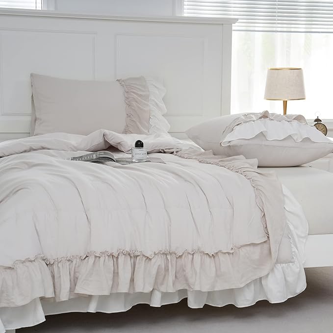 Boho Comfrter Set King Size Beige Bedding Set Shabby Chic Down Comforter 2 Layers Ruffles Home Decor Farmhouse Quilt Set Ultra Soft Microfiber White Cream Bohemian Bed Set for Girls Women