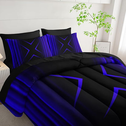 Blue and Black Geometric Comforter Set King Size 7Pieces,3D Abstract Mordern Printed Bedding Set for Adults,Geometric Mordern Decor All Seasons with Pillowcases,Flat, Fitted Sheet