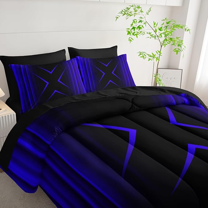 Blue and Black Geometric Comforter Set Full Size 7Pieces,3D Abstract Mordern Printed Bedding Set for Adults,Geometric Mordern Decor All Seasons with Pillowcases,Flat, Fitted Sheet