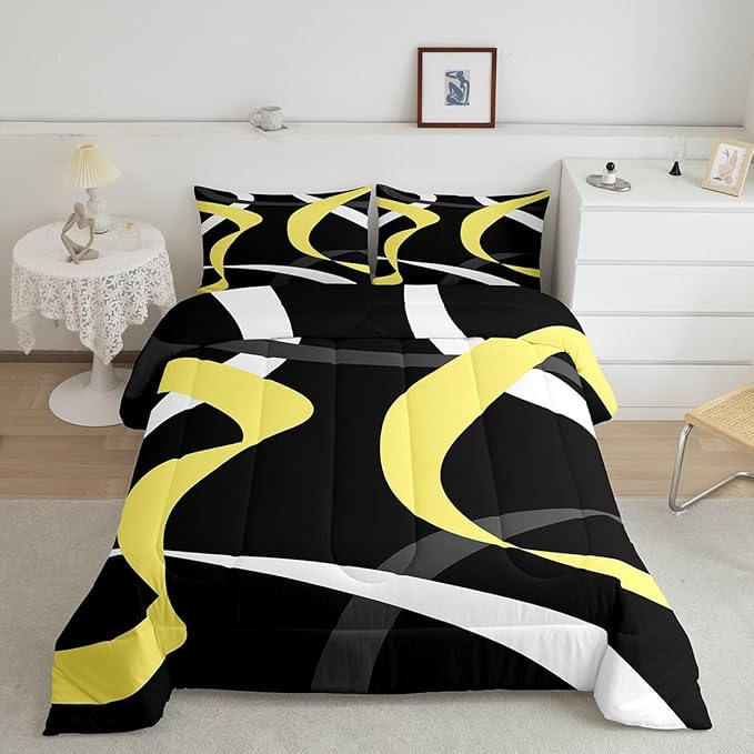Erosebridal Gray Black Gold Bedding Comforter Sets Grey White Striped Abstract Bedding Set Full for Kids Adults Geometric Stripes Down Comforter Modern Fashion Quilt Duvet 3 Pcs