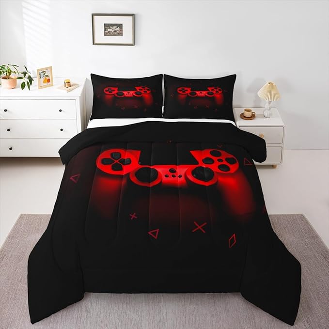 Boys Gamer Comforter Set King Size,Gamepad Bedding Set Kids Young Man Video Games Down Comforter for Teen Child Game Room Decor Black Red Classic Retro Gaming Quilted Duvet Set with Pillowcase