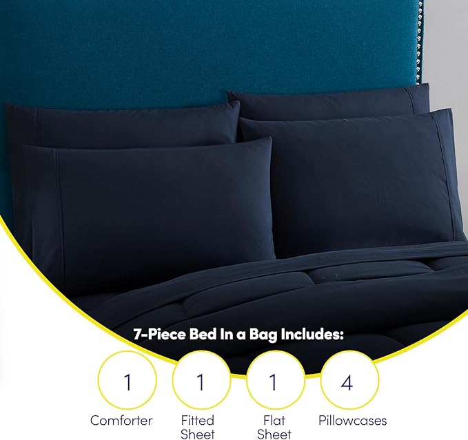 Full Size Comforter Set with Sheets - 7-Piece Bedding Collection - 1 Comforter, 1 Fitted Sheet, 1 Flat, 4 Pillowcases - Deep Pocket - Soft & Premium Quality - Ideal for All Seasons, Navy Blue