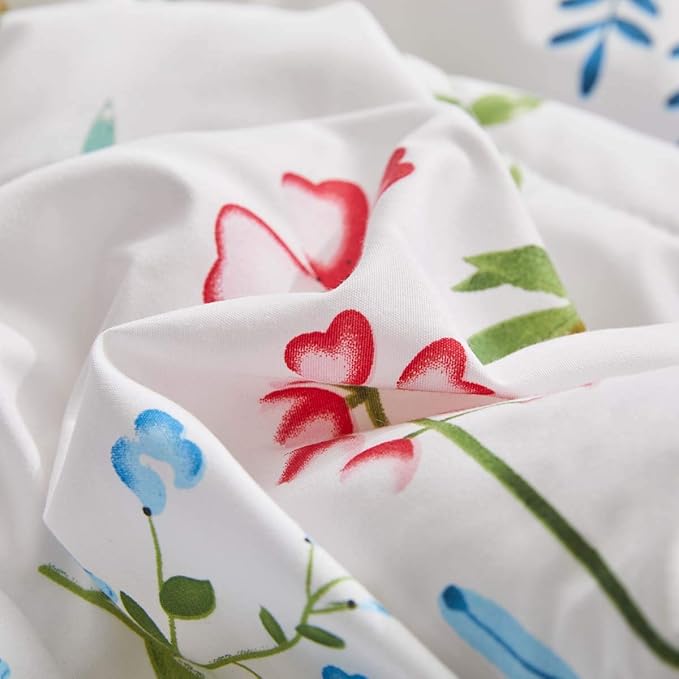 White Floral Comforter Sheet Set 7 Pieces Bed in a Bag Queen Size Green Blue Leaves with Red Flowers Reversible Bedding Set (1 Comforter 2 Pillow Shams 1 Flat Sheet 1 Fitted Sheet 2 Pillowcases)
