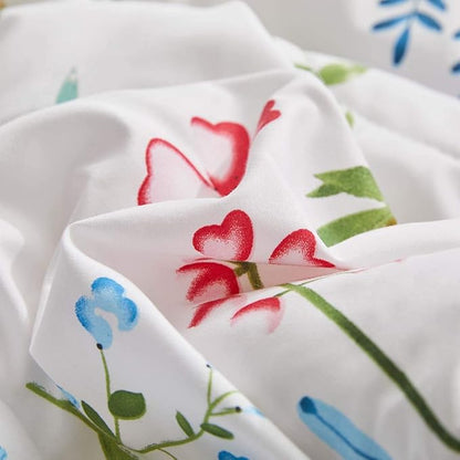 White Floral Comforter Sheet Set 7 Pieces Bed in a Bag Queen Size Green Blue Leaves with Red Flowers Reversible Bedding Set (1 Comforter 2 Pillow Shams 1 Flat Sheet 1 Fitted Sheet 2 Pillowcases)
