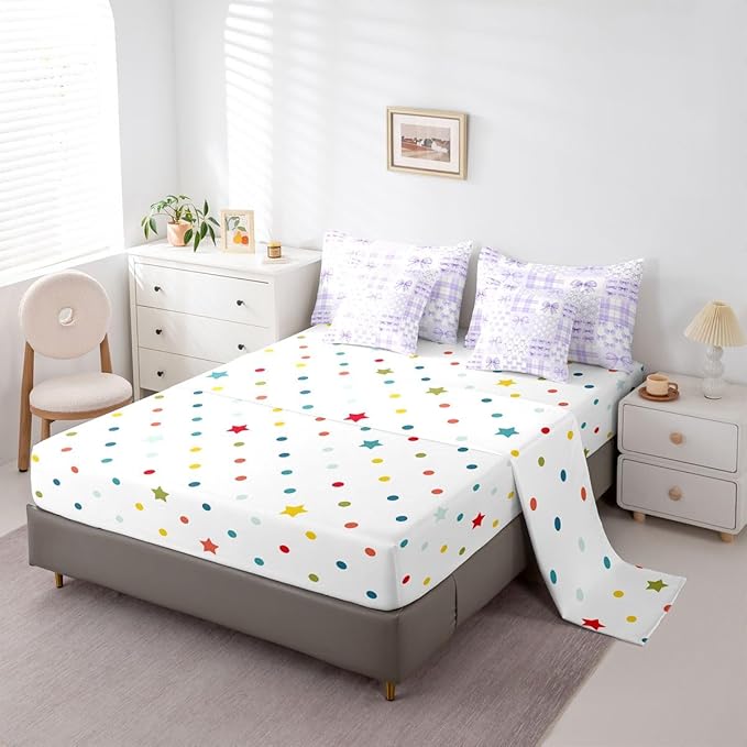 Feelyou Purple Bow Comforter Set with Sheets 7 Piece Queen Size Cute Bowknot Bed in a Bag Kids Boys Girls Bow Plaid Grid Bedding Set Princess Decor Bedroom Decor Breathable Soft Microfiber