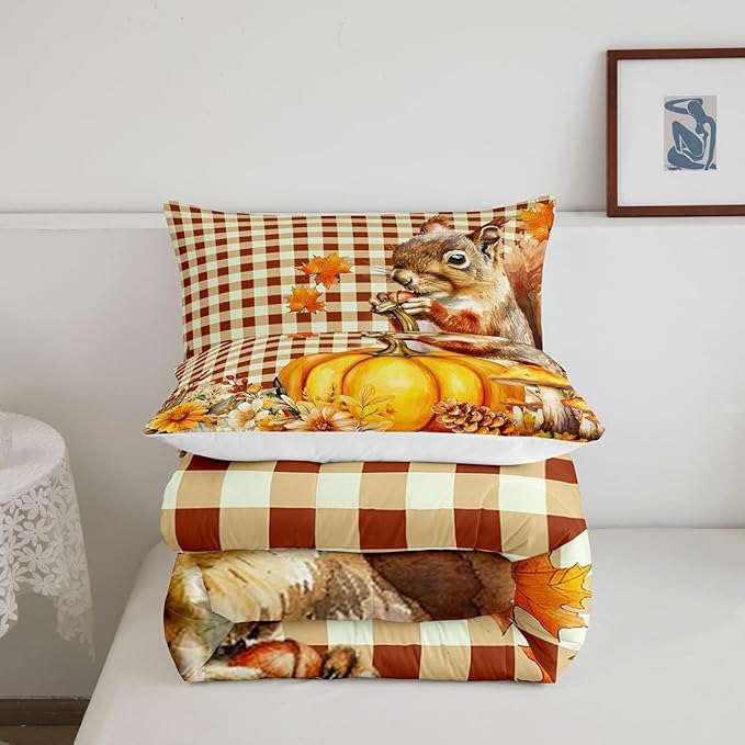 Castle Fairy Squirrel Pumpkin Flower Twin Size Comforter Set,Autumn Harvest Thanksgiving Quilt Set Soft Bed Collection,Vintage Yellow Geometric Grid Bedding Comforter for Boys Girls Room Decor,2 Pcs