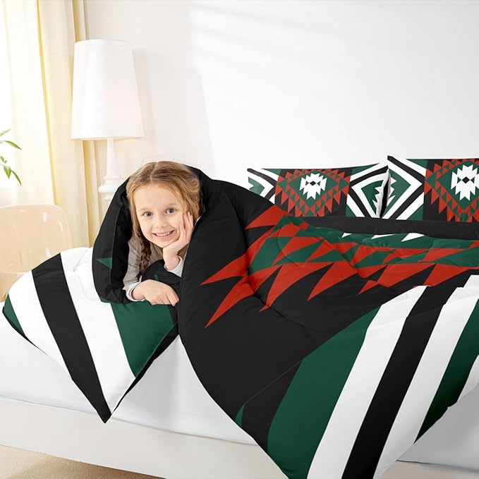 Feelyou Southwestern Aztec Tribal Comforter Set Red Green Boho Western Twin Size Bedding Set for Kids Boys Girls Vintage Geometric Duvet Quilt