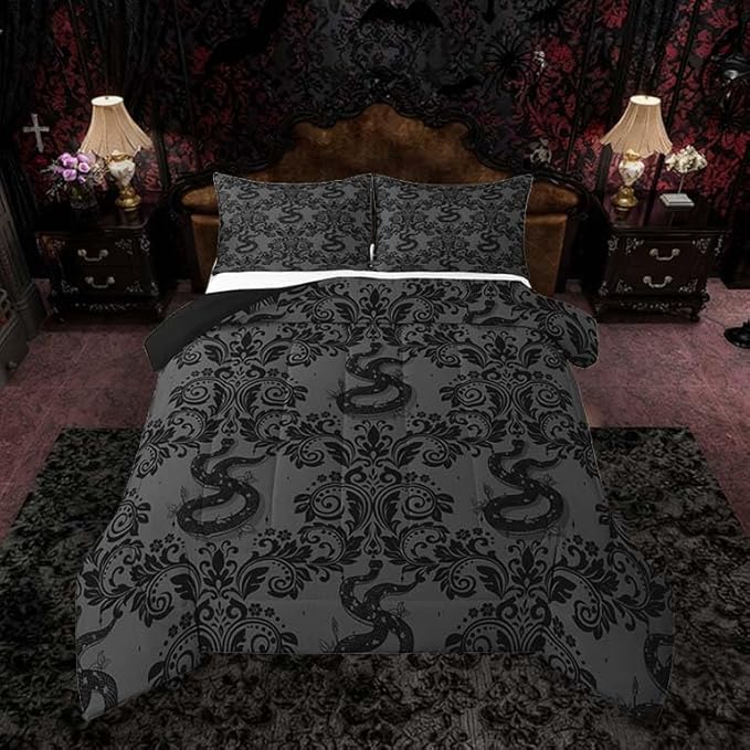 Feelyou Adults Gothic Bedding Set Soft for Boys Girls, Dark Olive Green Damask Comforter Set Full Size Snake Duvet Quilt Microfiber Bedroom Decor 3 Pcs with 2 Pillow Cases