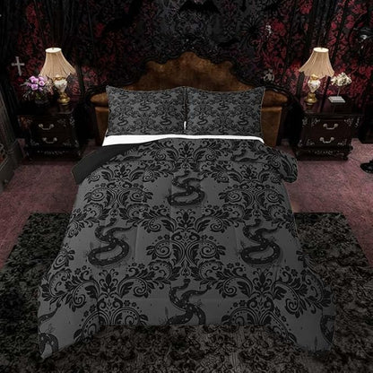 Feelyou Adults Gothic Bedding Set Soft for Boys Girls, Dark Olive Green Damask Comforter Set Full Size Snake Duvet Quilt Microfiber Bedroom Decor 3 Pcs with 2 Pillow Cases