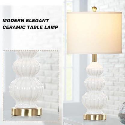 Modern White Table Lamps Set of 2 - Bedside Lamps for Night Stands, 26" Triple Gourd Ceramic Lamps for Living Room with USB A+C Ports & AC Outlet,3 Way Touch Lamps for Bedroom (LED Bulbs Included)