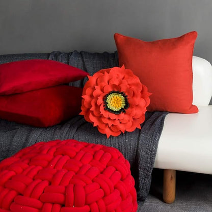 3D Flower Decorative Throw Pillow Accent Handmade Round Pillow Cushion with Insert for Home Couch Bedroom Decor 13 x 13 Inch Reddish Orange