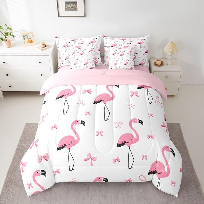 Erosebridal Bowknot Flamingo Girls Kawaii Black Pink Comforter Set Queen Size 7 Pieces | Princess Bed in A Bag Animal Aesthetic Y2K Bed Set Cute Bow Bedding