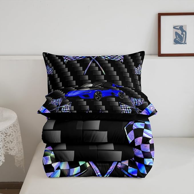 jejeloiu Blue Race Car Bedding Set Full Size Extreme Sports Comforter Set for Kids Teens Adult Fast and Furious Duvet Set Dazzling Flag Quilt Set 3Pcs
