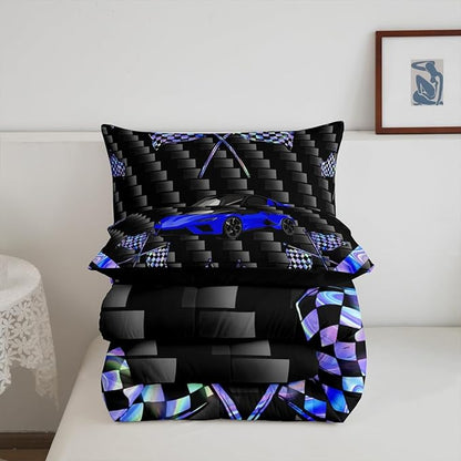 jejeloiu Blue Race Car Bedding Set Toddle Size Extreme Sports Comforter Set for Kids Teens Adult Fast and Furious Duvet Set Dazzling Flag Quilt Set 2Pcs