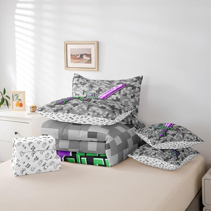 Castle Fairy Green Purple Sword 7 Piece Comforter Set Queen Size,Miner Check All Season Reversible Bed in a Bag Video Games Bedding Sets Cool Pixel Flat Sheet,Fitted Sheet,Pillowcases