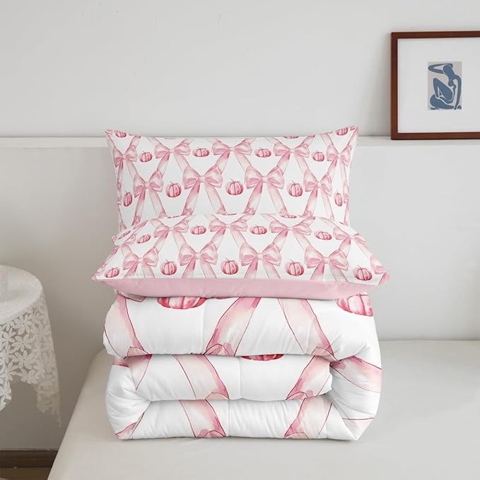 Erosebridal Pink Bow Bedding Comforter Sets King,Cute Fall Pumpkin Girls Comforter Set Pink White Princess Bedding Set for Kids Teen Women Bedroom,Kawaii Bow Decor Duvet Insert 3 Pcs
