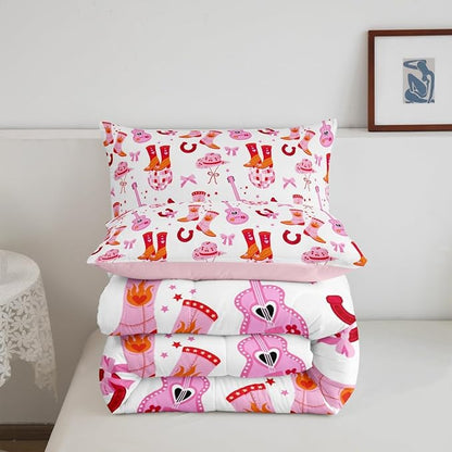 Erosebridal Cowgirl Western Bedding Set, Pink Bowknot Comforter Set King Size for Kids Teens Girls Women Bedroom Decor, Boots Horseshoe Down Comforter, Dreamy Princess Quilt, Lightweight