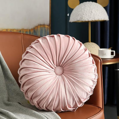 MOCOFO Round Velvet Throw Pillow, Pumpkin Shape Decorative Floor Cushion, Handcrafted Pleated Design, 14 and 16 Inch Diameter, Multiple Colors, Polyester Fill (Black, 16")