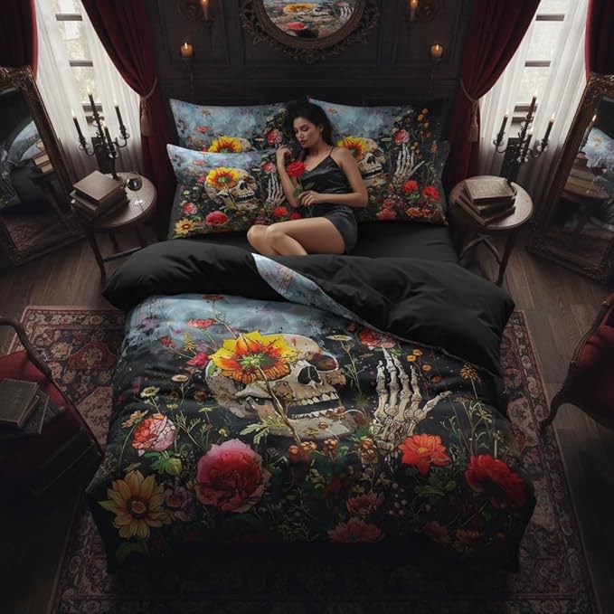 Skull Comforter Set Full Size,Gothic Rose Bedding Set for Women,3 Pieces Soft Fluffy Microfiber Bed Set with 2 Pillowcases/79 * 90