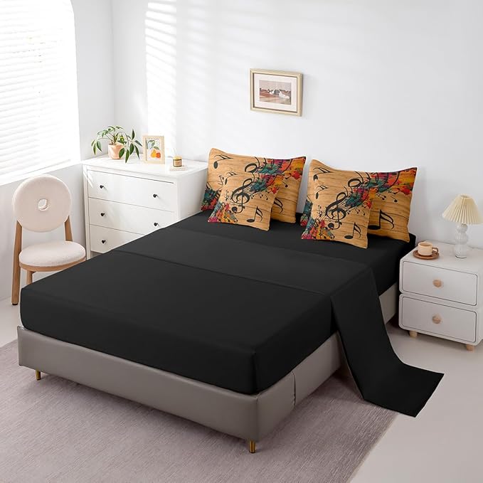 Erosebridal Music Notes 7 Piece Bedding Set King Size,Graffiti Music Art Bed in a Bag,Vintage Retro Bed Set Includes Comforter, Sheet Set, Pillowcases & Pillow Covers All Season Bedroom Decor