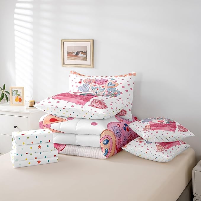 Feelyou Girls Like Cartoon Cute 7 Piece Bedding Set Queen Size Heart-Shaped Design Bed in a Bag for Adult Pink Envelope Comforter Set with Sheets Pink Polka Dot Room Decor Romantic Bed Set