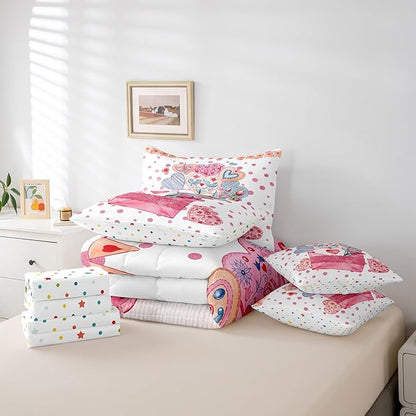 Feelyou Girls Like Cartoon Cute 7 Piece Bedding Set Queen Size Heart-Shaped Design Bed in a Bag for Adult Pink Envelope Comforter Set with Sheets Pink Polka Dot Room Decor Romantic Bed Set