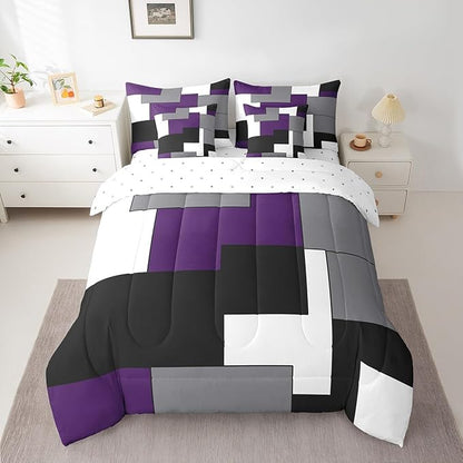 Erosebridal 7 Pcs Geometric Comforter Set King Size,Square Bed in a Bag with Flat Fitted Sheet for Kids and Adults,Purple Black White Abstract Art Bedding Set with Pillowcases and Cushion Cases