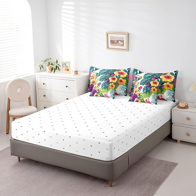 Feelyou Flower Comforter Set Queen Size 7 Pieces Palm Leaf Bedding Set for All Season Floral Blossom Botanical Nature Theme Bed in a Bag with Comforter, Sheets, Pillowcases & Cushion Cover