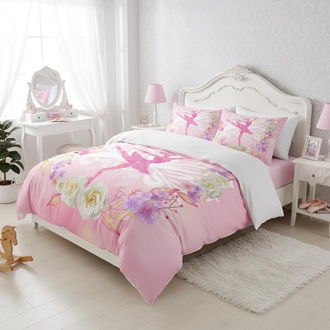 Pink Ballerina Girls Comforter Set Twin Size Kids Priness Floral Bedding Set with 1 Pillowcase, Suitable for Children Bedroom Decor, 68'' x86''