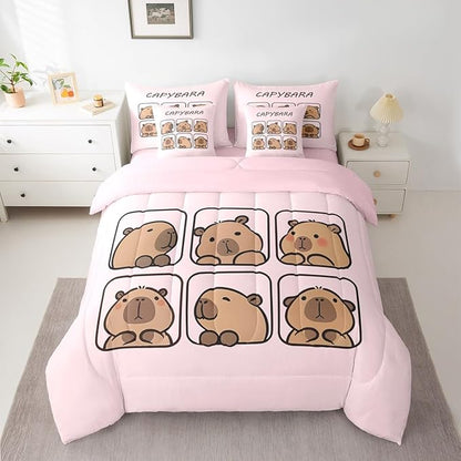 Erosebridal Kids Capybara 7 Pieces Bedding Set King Size,Cute Rodent Animal Bed in a Bag,Capybara Lovers Bed Set Includes Comforter,Sheet Set,Pillowcases & Pillow Covers,Cartoon Animal Bedroom Decor