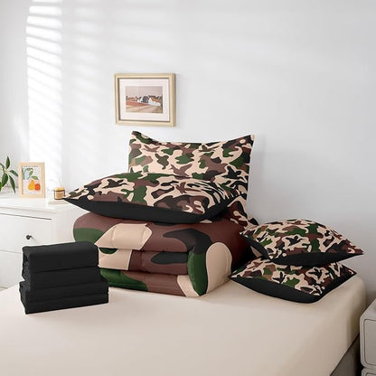 Erosebridal Duck Hunter 7 Piece Comforter Set King Size Camo Bedding for Kids Army Camouflage Hunting Bed in A Bag Sheet Set Vintage Green Black Bedroom Decor Wild Animal Duck Rustic Bed Set