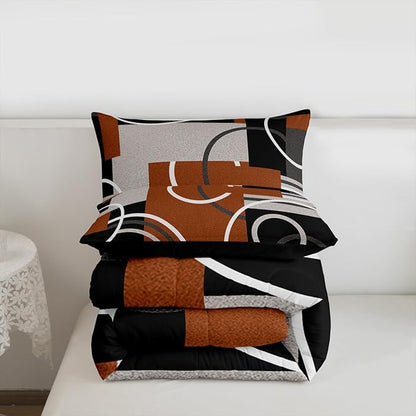 Geometric Swirls Comforter Set Brown Gray Black Duvet Insert Circles Rings Square Bedding Sets Striped Lines Down Comforter Modern Minimalist Quilted Duvet Chic Graphic Artwork Comforter, Queen Size