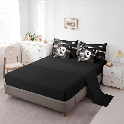 Feelyou Soccer Ball Comforter Set Full Size 7 Pcs Football Comforter Bed in a Bag Black White Sports Bedding Set for Boys Girls Teens Soccer Lover Bed Set with Sheets, Pillowcases, Pillow Covers