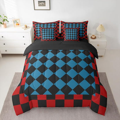 Feelyou Checkered Retro Twin Comforter Set with Sheets for Kids Boys Girls Red Blue Black Plaid 7 Pieces Bedding Set Geometric Vintage Bed in a Bag Modern Simple Groovy Aesthetic Room Decor Soft