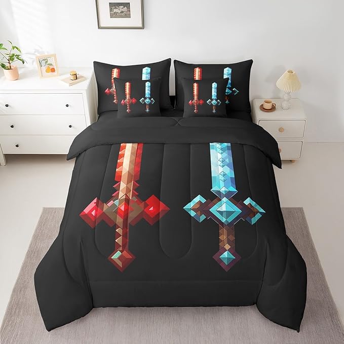 Red Blue Sword 7Pcs Comforter Set Queen Size,Sandbox Building Games Bedding Set for Kids Boys Teens Men Room Decor,Pixelated Style Swords Fitted Flat Sheet Fashion Black 2 Throw Pillow,2 Pillowcases