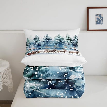 Santa Claus Bedding Set Full Size,Elk Sledge Comforter Set 3Pcs for Kids Boys Girls Teens Room Decor,Pine Tree Jungle Quilt Set Winter Snowflake Blue White Duvet Insert,2 Pillowcases