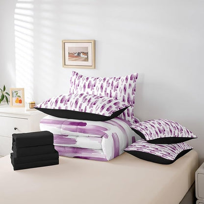 Erosebridal 7Pcs Purple Pink Striped Comforter Set Full for Women Men,Modern Geometric Abstract Bedding,Gradient Art Aesthetic Bed in A Bag,Contemporary Boho Graffiti Quilt Set with Pillowcases