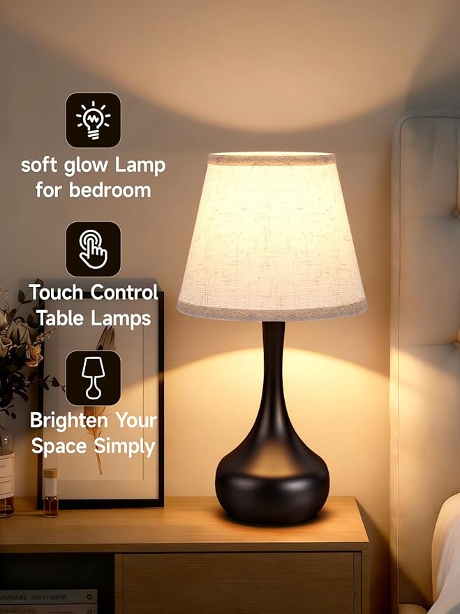 3-Way Dimmable Touch Table Lamps for Nightstand - Small Bedside Lamps with Fabric Shade in Black, Farmhouse Style Desk Lamp for Bedroom, Kids Room, Living Room, Home Office & Reading (Black)