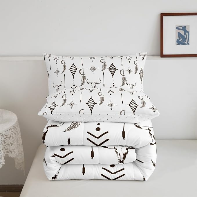 Feelyou Western Bull Skull Comforter Set Ethnic Horns Boho Bedding Set King Size for Kids Adult Brown White Tribal Symbol Mysterious Aztec Comforter