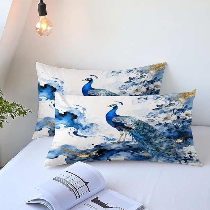 Peacock Comforter Set Queen 3 Pieces Blue Floral Bird Bedding Set for Teens Elegant Comforter with 2 Pillowcase, Super Soft Microfiber All Season
