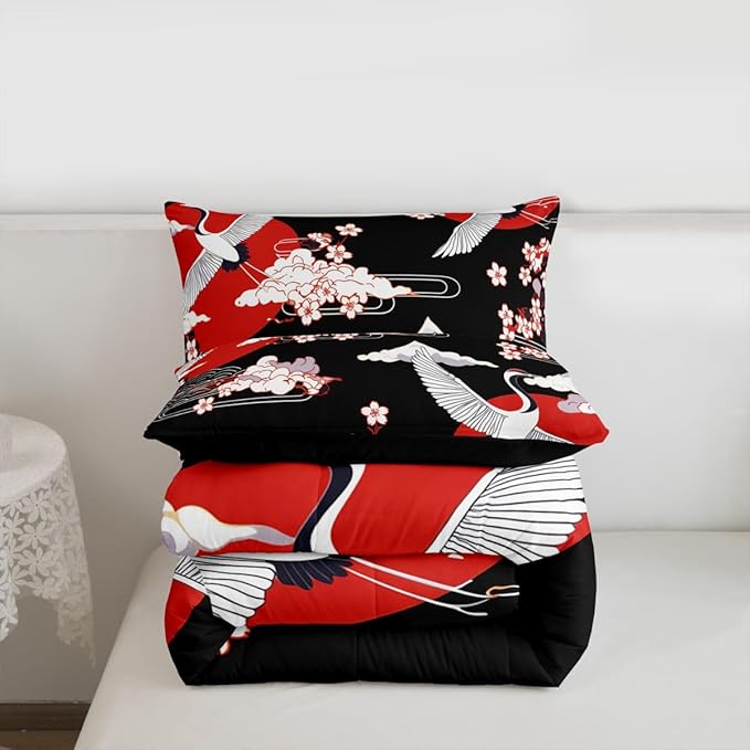 Japanese-Style Comforter Set Twin Size Crane Printed Cherry Blossoms Decor Down Comforter, for Adult Women Girls Teens Japanese Traditional Pattern Quilted Duvet Ukiyoe Theme Bedding Comforters