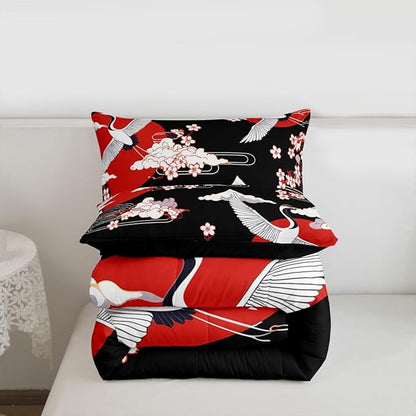 Japanese-Style Comforter Set Twin Size Crane Printed Cherry Blossoms Decor Down Comforter, for Adult Women Girls Teens Japanese Traditional Pattern Quilted Duvet Ukiyoe Theme Bedding Comforters
