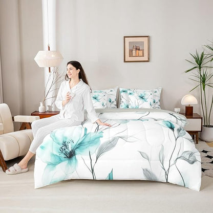 Erosebridal Teal Flower Queen Comforter Set with Sheets for Women, Bohemian Floral 7 Pcs Bedding Set, Watercolor Flower Artistic Bed in A Bag for Girls, Ink Painting Style Blossom & Leaf Bed Sets