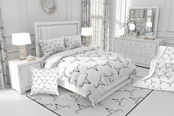 Erosebridal Bull Skull Comforter Set King Ethnic Bohemian Bedding for Men Boys | Tribal Steer Skull Wildlife Aztec Bedroom Decor Farmhouse Cabin Lodge Duvet Insert with 2 Pillow Cases,Black White