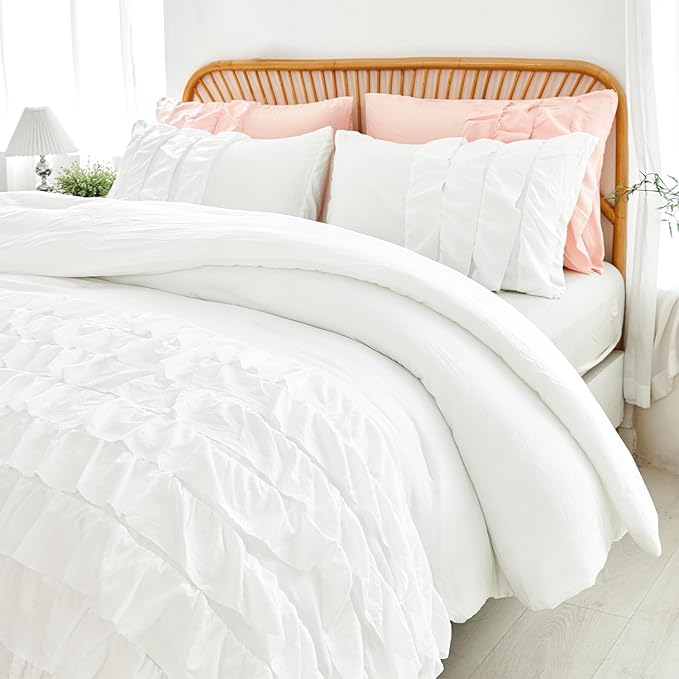 PERFEMET White Twin Comforter Set, 3 Pieces Ruffled Comforter Sets Boho Vintage Farmhouse Shabby Chic Bedding, All Season Soft Lightweight Bed Set for Bedroom (White,Twin)