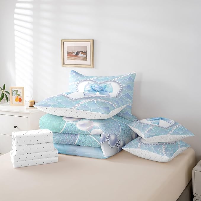 jejeloiu Girls Blue Bowknot 7 Piece Bedding Set King Size White Pearl Comforter Set with Sheets for Kids Women Glitter Mermaid Bed in a Bag Princess Style Bed Set