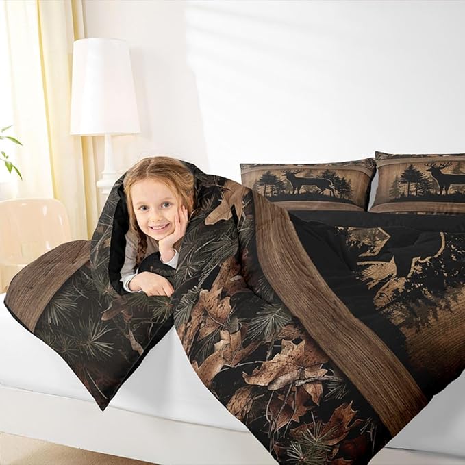 Erosebridal Farmhouse Deer Twin Comforter SetCamo Woodland Hunting Bedding Set Rustic Cabin Comforter for Boys Teen Men,Wildlife Animal Print Quilt Duvet